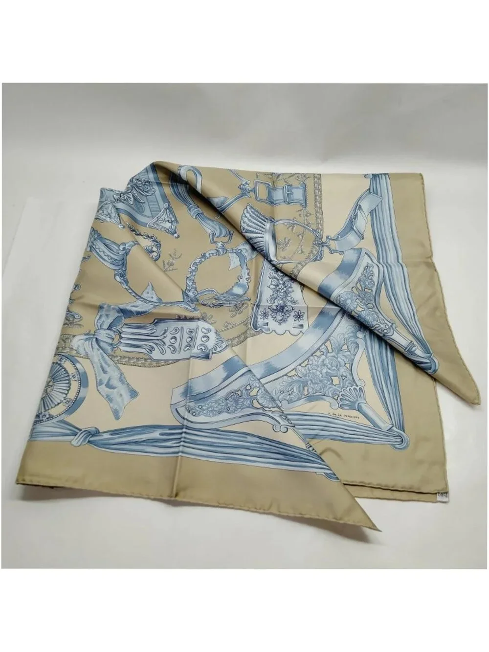 Authentic Hermès Étriers Carré 90 Silk Scarf Gold Blue Square Made in France